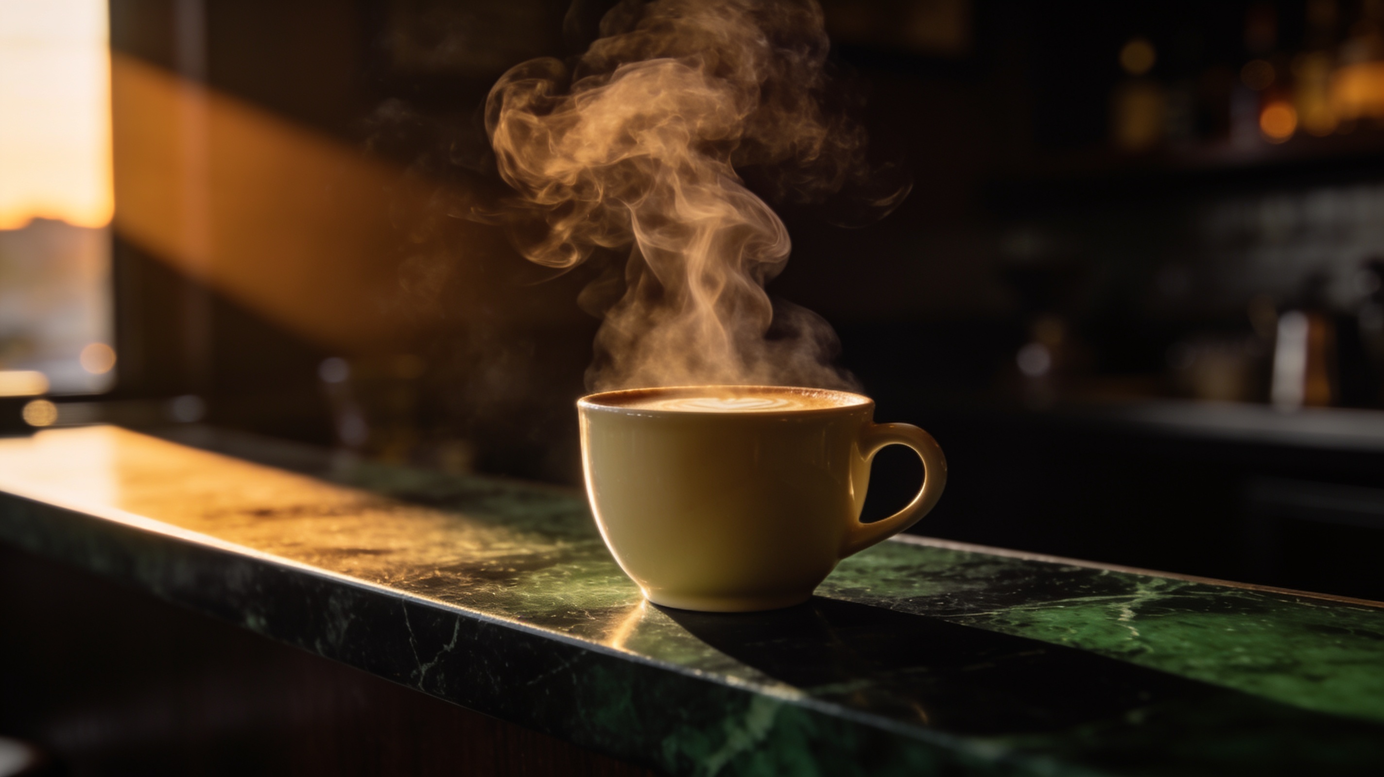 Une tasse NUVOLA fumante sur un comptoir de marbre vert, à l'aube.